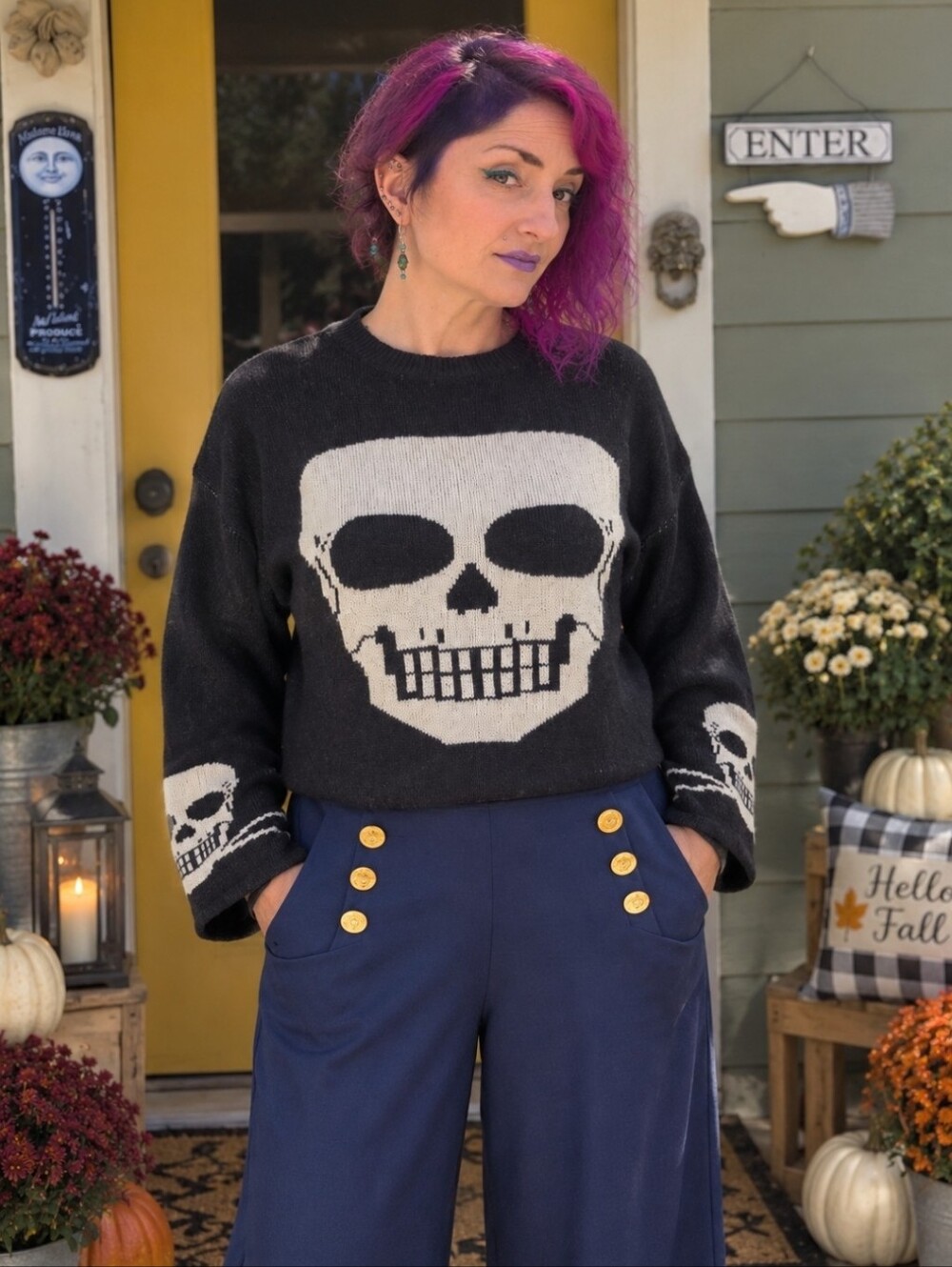 SHEIN Black Skull Knit Sweater Goth Halloween Oversized Size L 8/10
